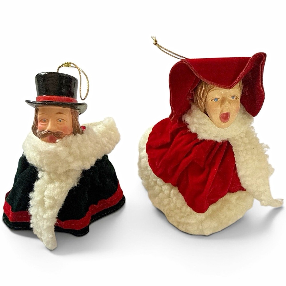 VTG  Victorian Christmas Caroler Ornaments Dickens Style Singing Velvet Flocked